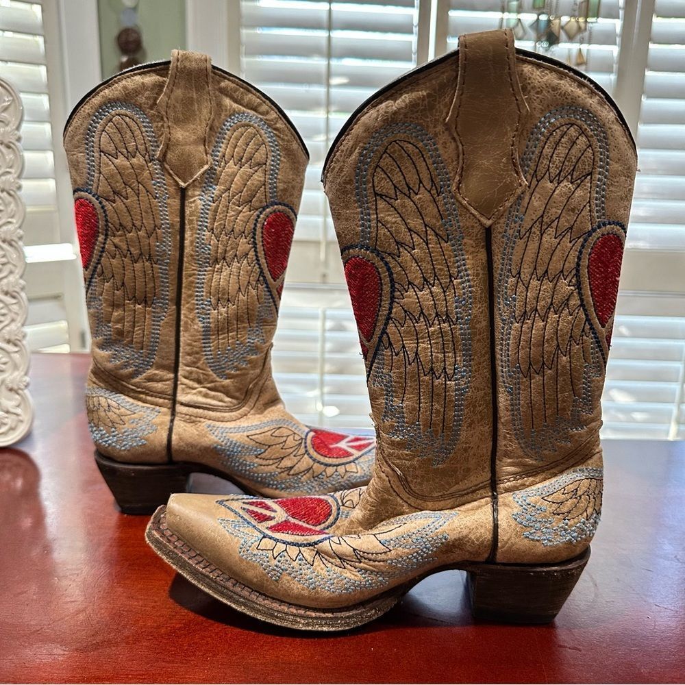 Corral Tan Leather Kids Cowboy Boots with Red Heart and Blue Wing Embroidery
